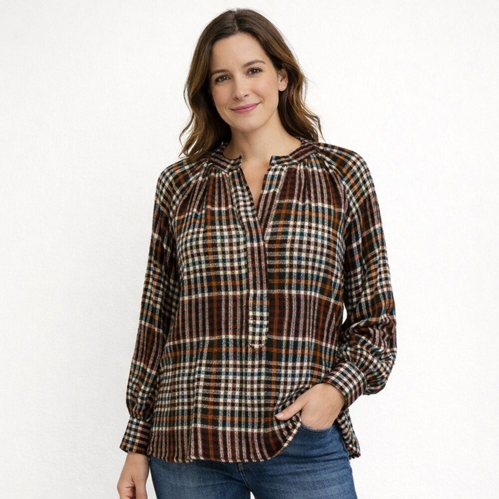 dRA Los Angeles Anthropologie Plaid Henley tunic blouse top Women's XS Cozy Boho